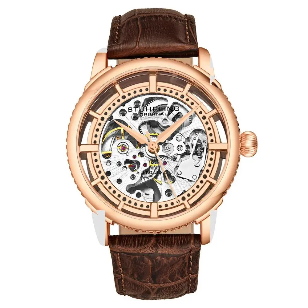 Stuhrling 3933 4 Winchester Automatic Skeleton Brown Leather Strap Mens Watch - Dial: Gold, Pink, Rose, Band: Brown