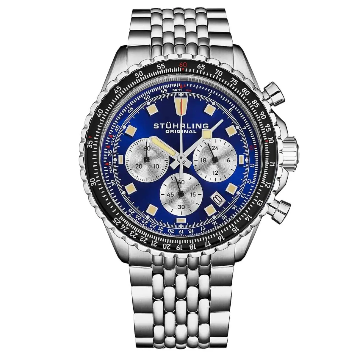 Stuhrling 1010 03 Chronograph Raceway Date Blue Stainless Steel Mens Watch - Dial: Blue, Band: Silver, Bezel: Black