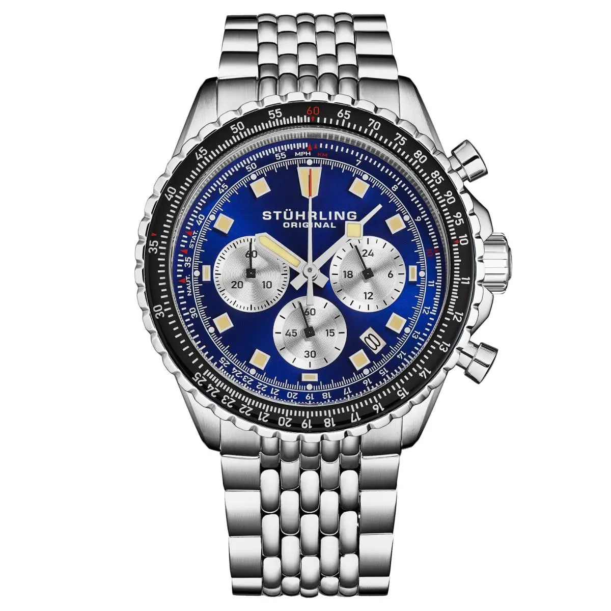 Stuhrling Japanese Chronograph Raceway 1010 44mm Stainless Steel Quartz Watch - Dial: Blue, Band: Silver, Bezel: Black