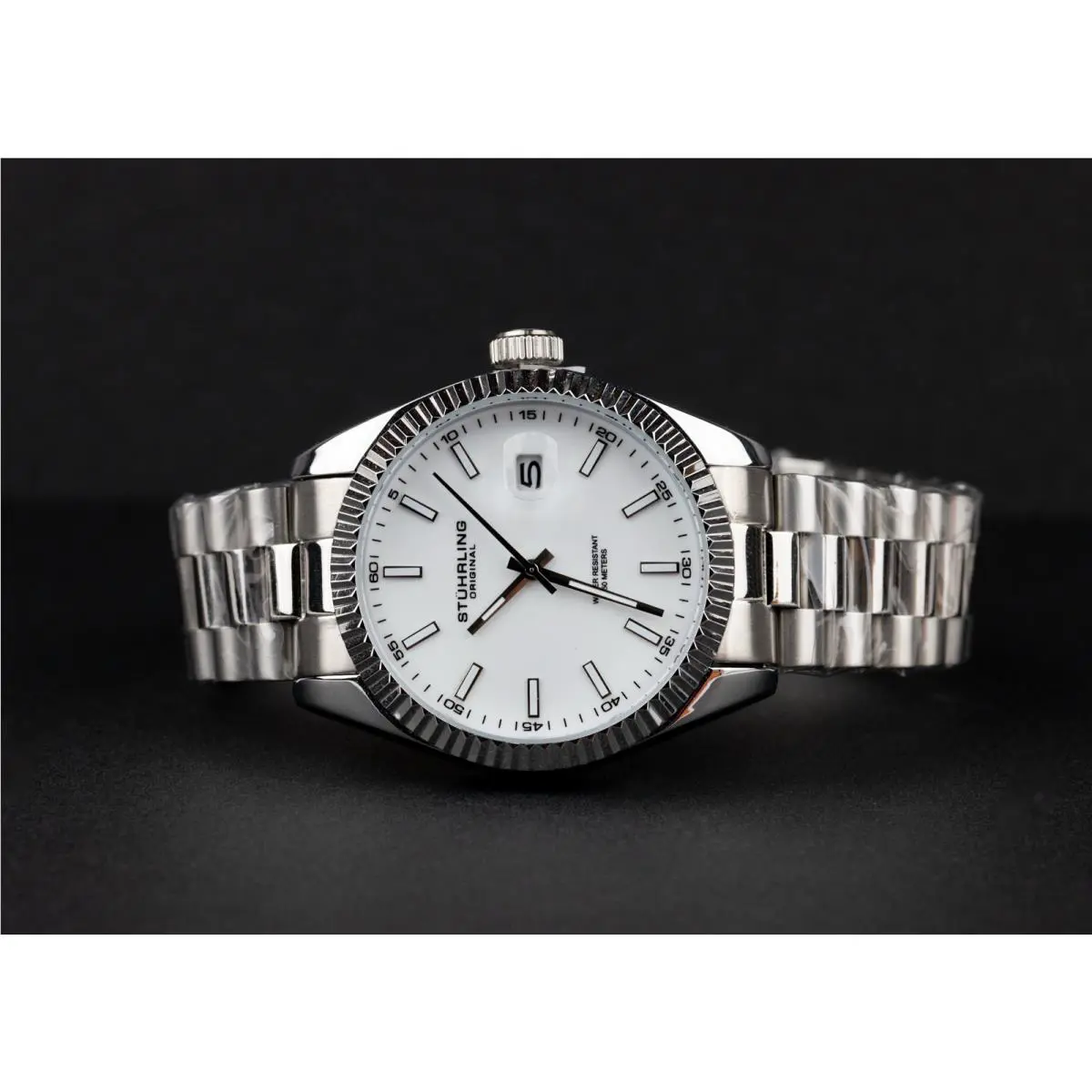 Stührling Symphony Quartz Date White Dial Stainless Steel Mens Watch - 1383b