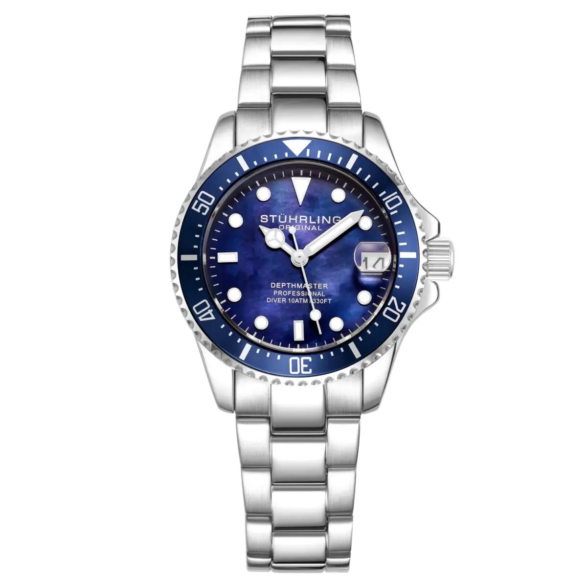 Stuhrling 3950L 2 Blue Mother of Pearl Date Stainless Steel Womens Watch by Stührling