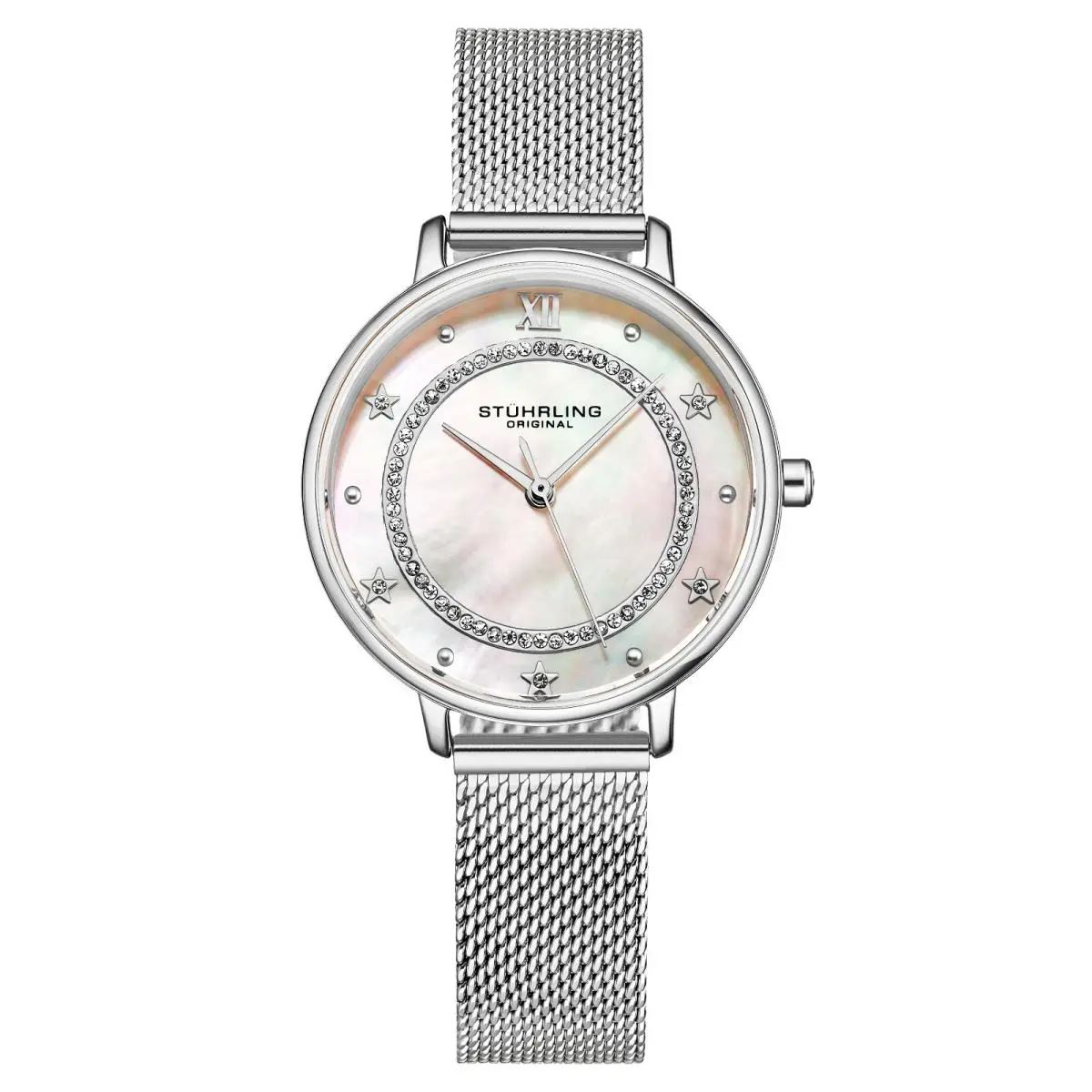 Stuhrling Ladies Mop Crystal Studded Ring Face Mesh Band Japan Quartz 34mm Watch