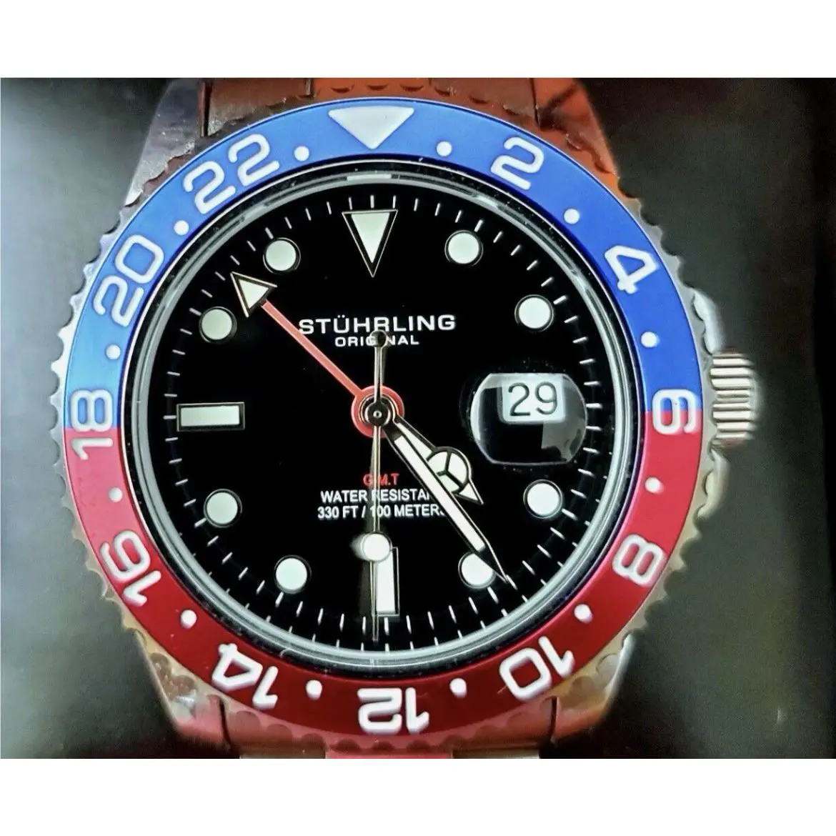 Swiss Stuhrling Gmt Coke Pepsi Mens Dive Watch Stainless Analog Luxury