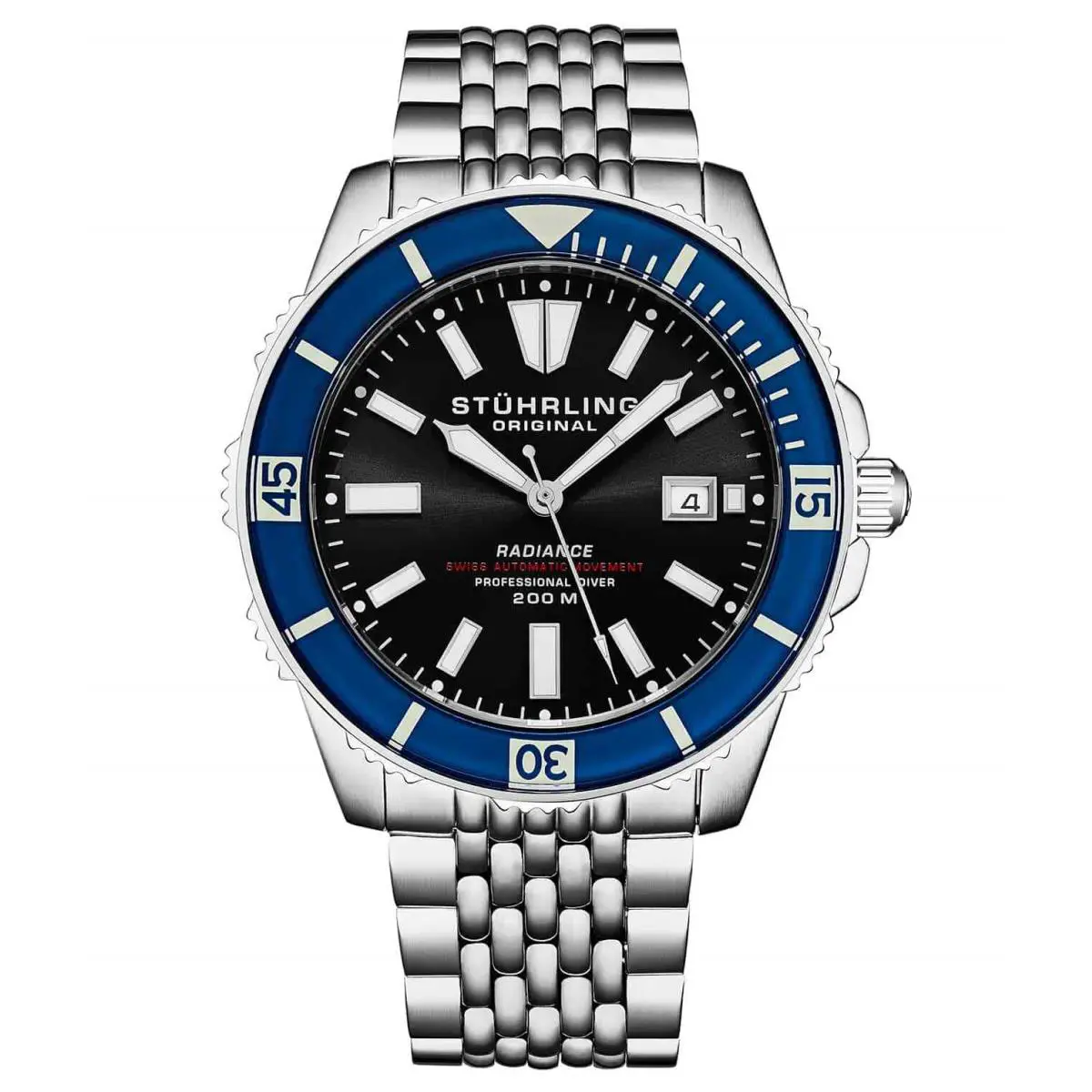 Stuhrling Automatic 1006 Stainless Steel Beads of Rice Style Men`s Divers Watch - Dial: Black, Band: Silver, Bezel: Blue