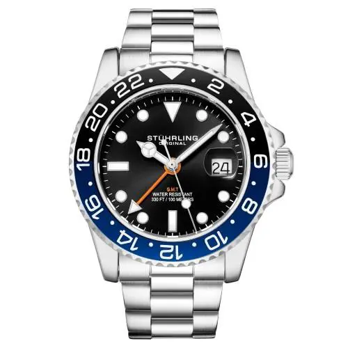 Stuhrling 3965 1 Aquadiver Quartz Gmt Date Stainless Steel Mens Watch