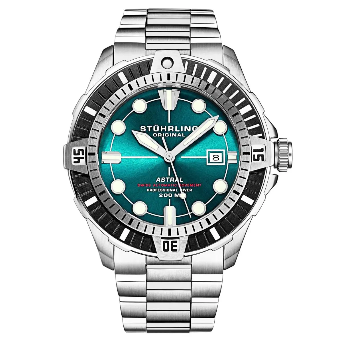 Stuhrling 1005 03 Astral Automatic Date Green Stainless Steel Mens Watch - Dial: Green, Band: Silver, Bezel: Black