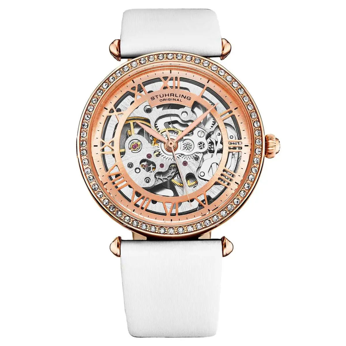 Stuhrling 4022 3 Automatic Skeleton Crystal Accents White Leather Womens Watch