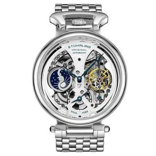 Stuhrling 4003 1 Legacy Automatic Dual Time Am/pm Skeleton Mens Watch - Dial: Silver, Band: Silver