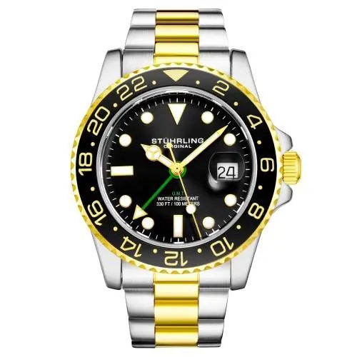 Stuhrling 3965 3 Aquadiver Quartz Gmt Date Stainless Steel Mens Watch - Dial: Black, Band: Silver, Gold, Bezel: Gold, Black