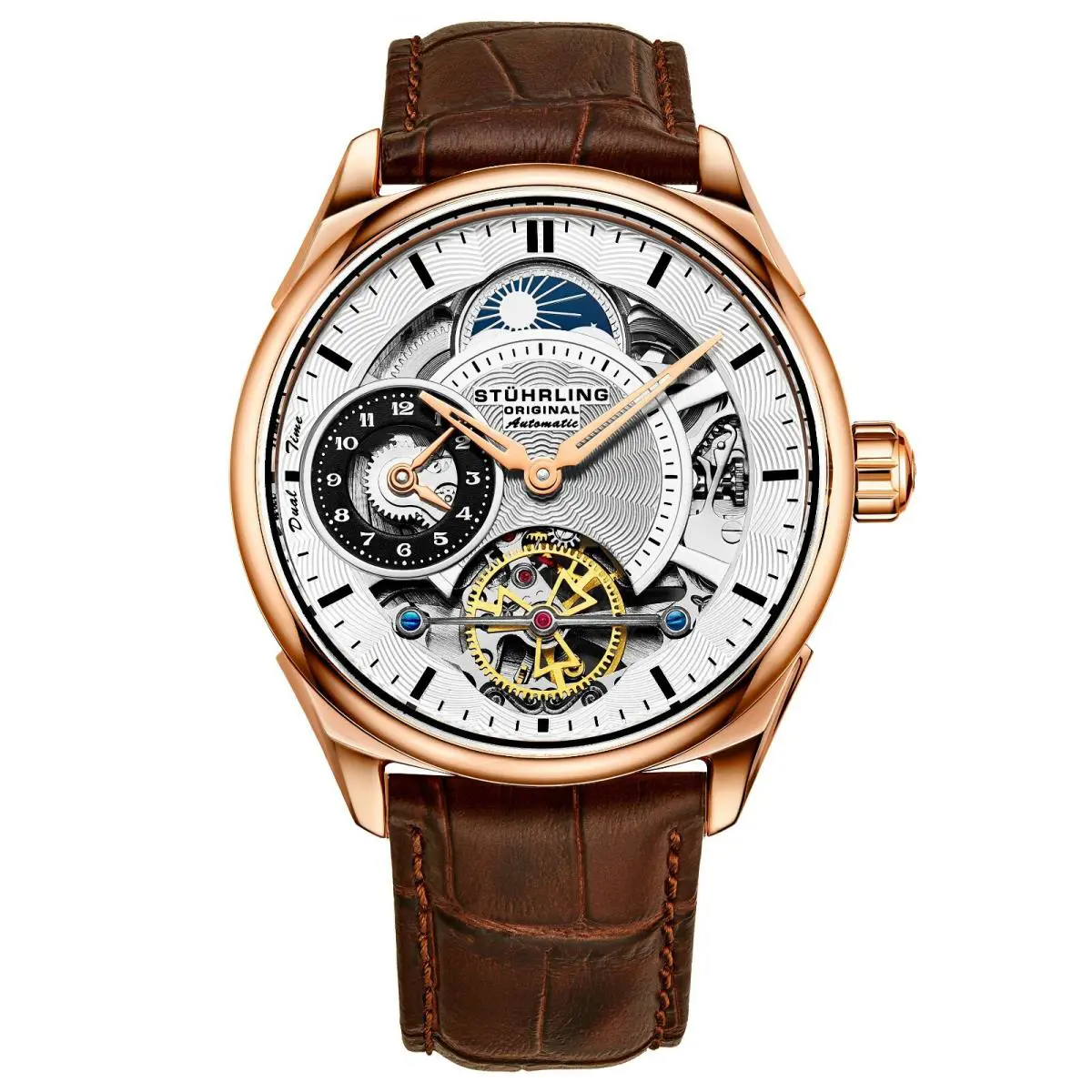 Stuhrling Men`s Skeleton Dual Time Rose Gold Plated AM PM Leather Strap Watch