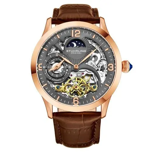 Stuhrling 3921 4 Legacy Automatic Skeleton Dual Time Brown Leather Mens Watch