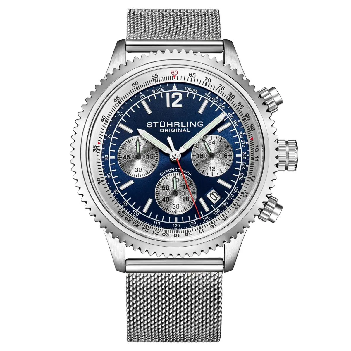 Stuhrling 4015 1 Quartz Chronograph Date Blue Dial Mesh Bracelet Mens Watch by Stührling