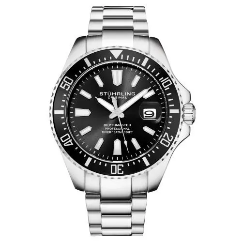 Stuhrling 3950A 1 Aquadiver Date Stainless Steel Black Dial Mens Watch by Stührling