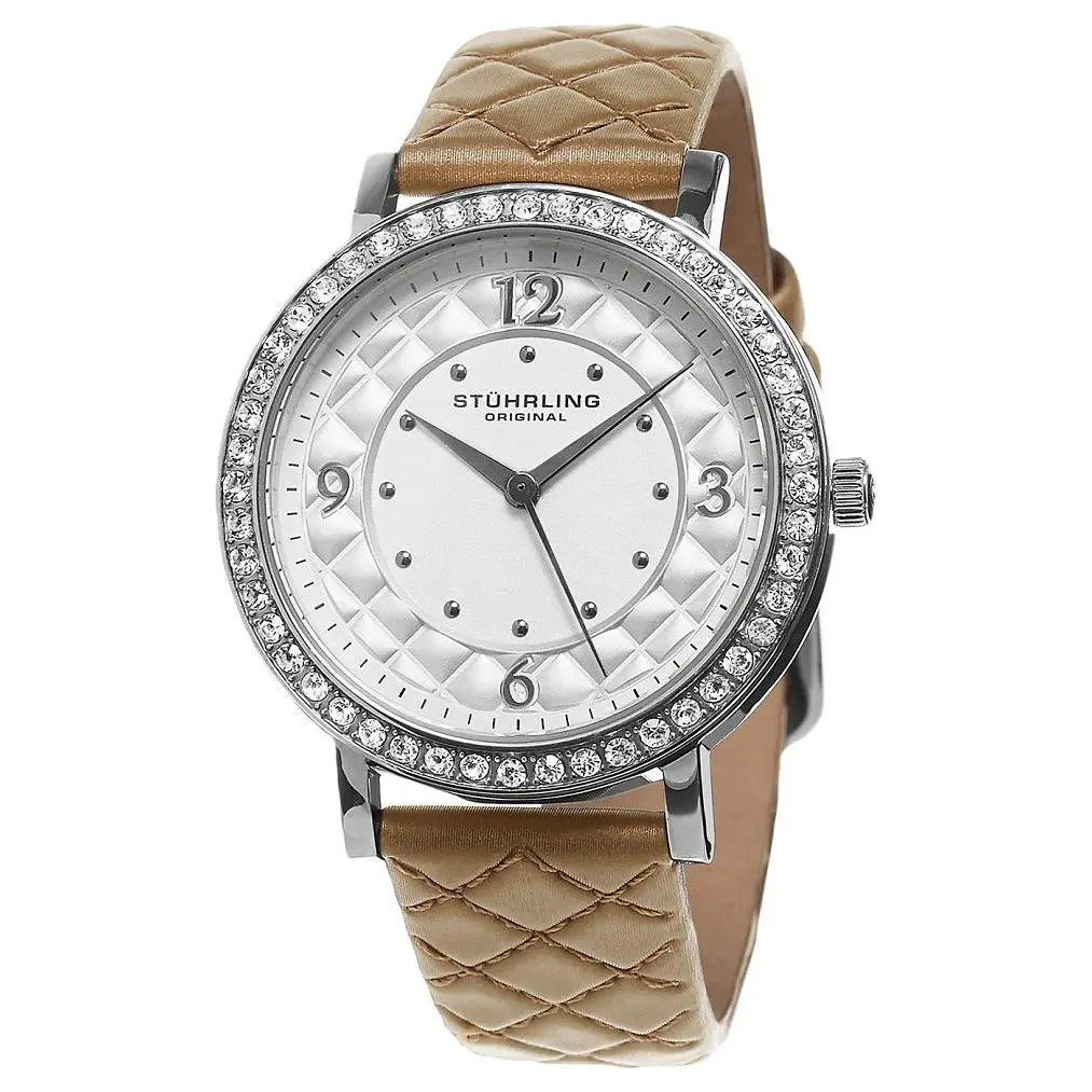 Stuhrling Original Audrey 786 01 Crystal Accented Leather Strap Womens Watch - Dial: Silver-tone, Band: Tan
