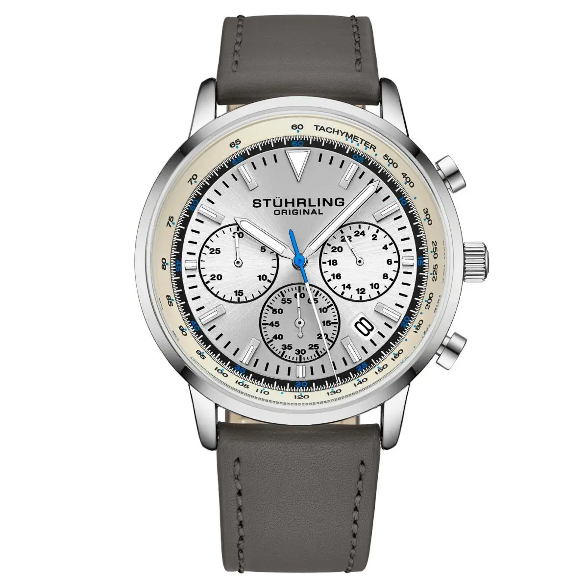 Stuhrling 44 mm Muscle Movement Chronograph 9.5 mm Leather Strap Men`s Watch - Dial: Silver, Band: Grey