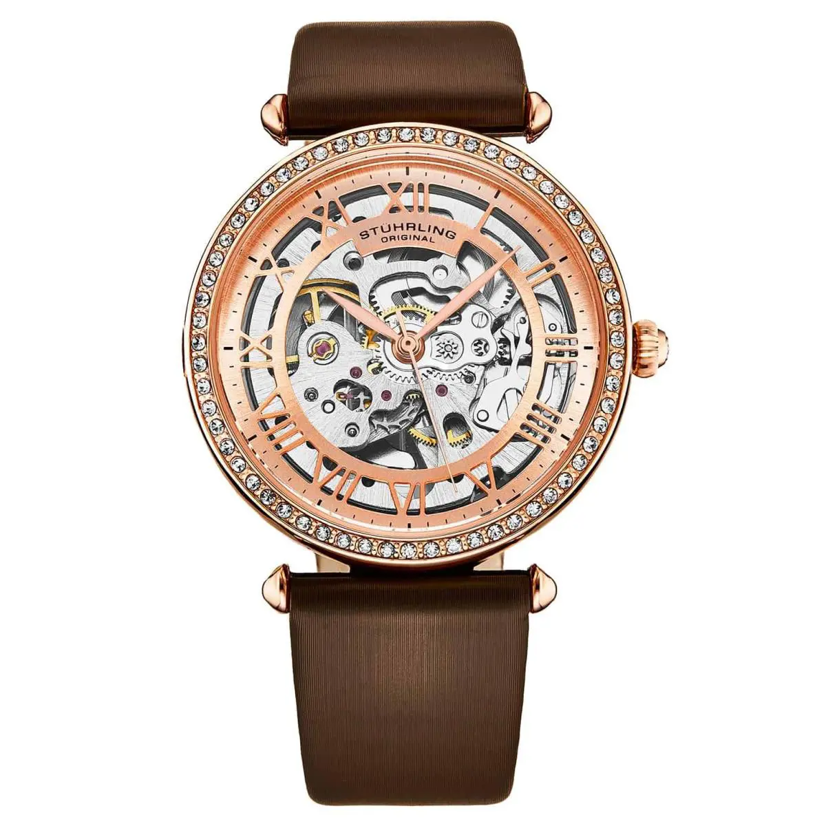 Stuhrling 4022 4 Automatic Skeleton Crystal Accents Brown Leather Womens Watch