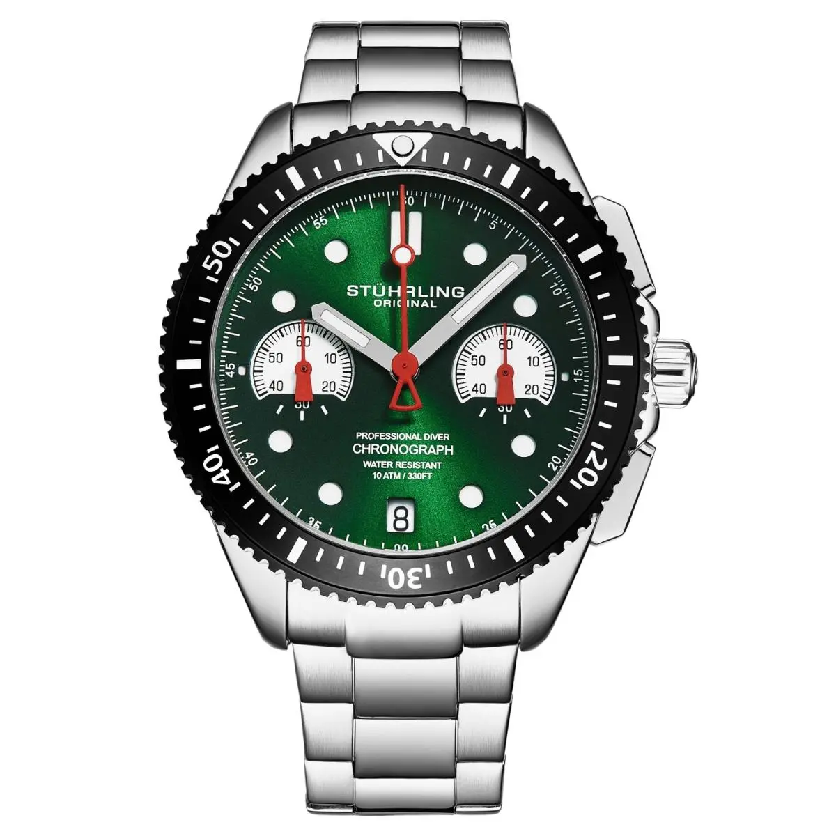 Stuhrling 4016 3 Quartz Chronograph Date Green Dial Stainless Steel Mens Watch by Stührling