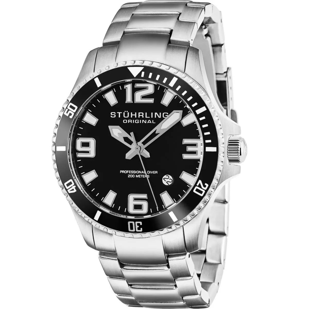 Stuhrling Mens Swiss Quartz Stainless Steel Dive Watch 200 Meter Water Resistant