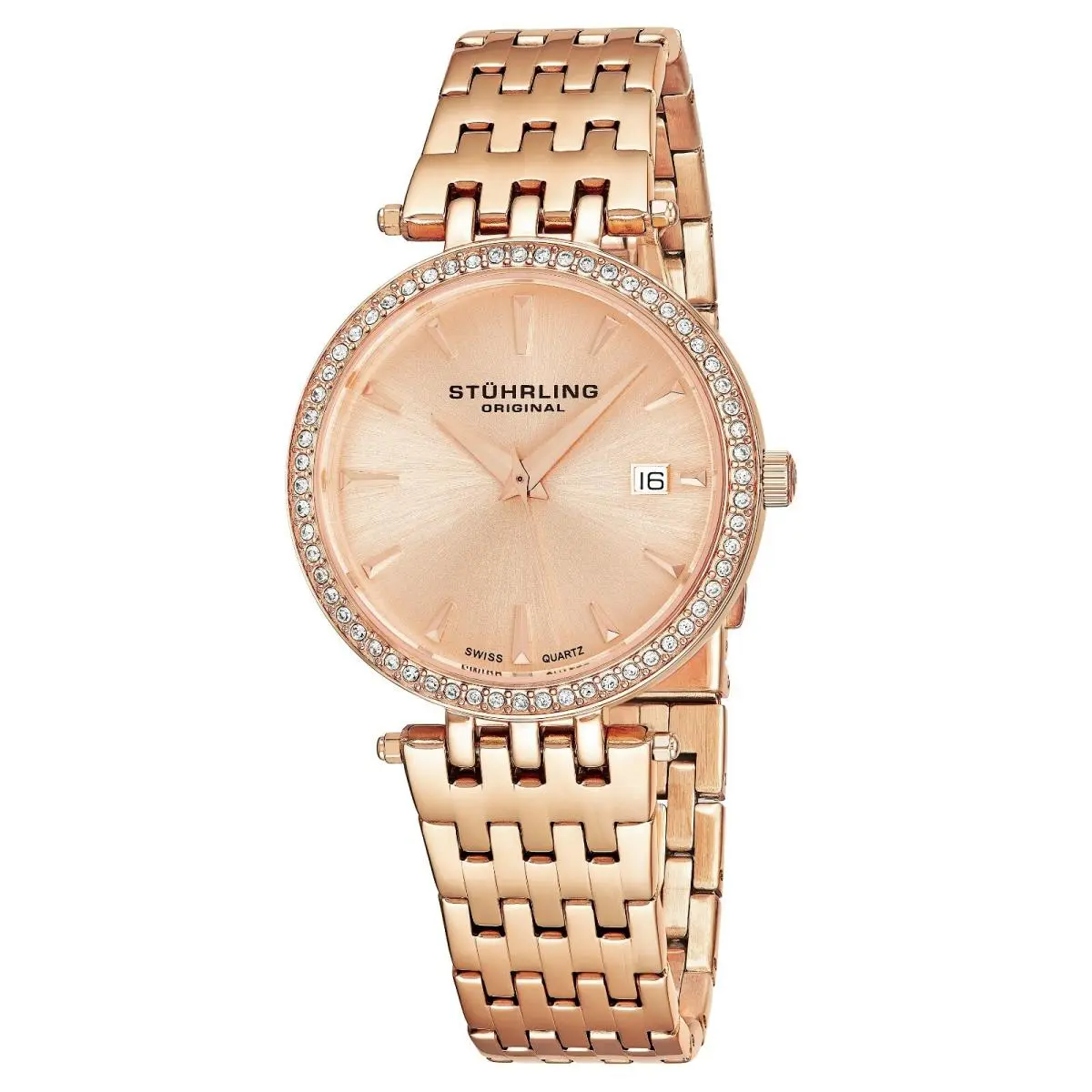 Stuhrling Garland Women`s 34mm Rose Gold Steel Bracelet Case Date Watch 579.04
