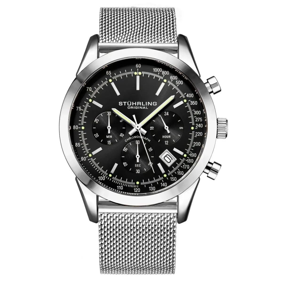 Stuhrling Men`s Japan Quartz Chronograph Stainless Steel Mesh Band Watch 10 Atm
