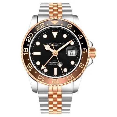 Stuhrling 3968 4 Aquadiver Quartz Gmt Date Stainless Steel Mens Watch - Dial: Black, Band: Multicolor