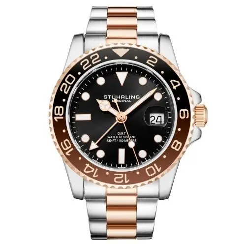 Stuhrling 3965 4 Aquadiver Swiss Quartz Gmt Date Stainless Steel Mens Watch - Dial: Black, Band: Rose Gold, Silver
