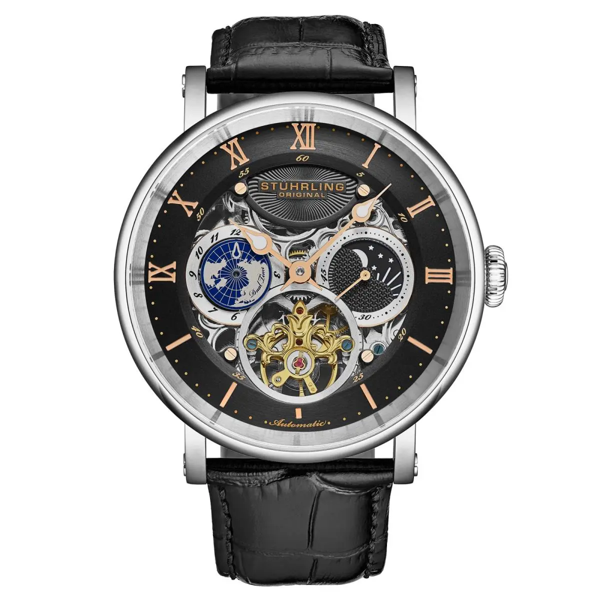 Stuhrling 1015 03 Automatic Black Leather Strap Mens Watch
