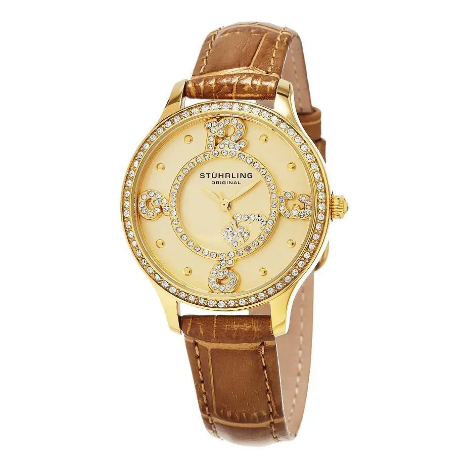 Stuhrling 760.04 760 04 Chic Crystals Heart Brown Leather Strap Womens Watch by Stührling