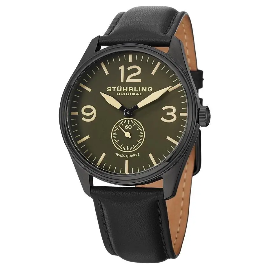 Stuhrling Original 931 02 Aviator Quartz Black Leather Strap Mens Watch - Black, Quartz