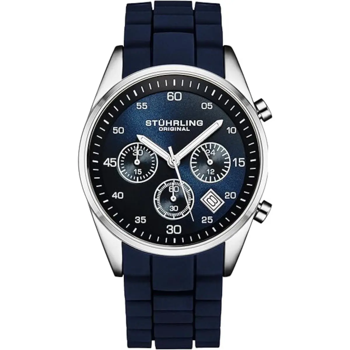 Stuhrling 4057 2 Quartz Chronograph Date Blue Silicone Strap Mens Watch