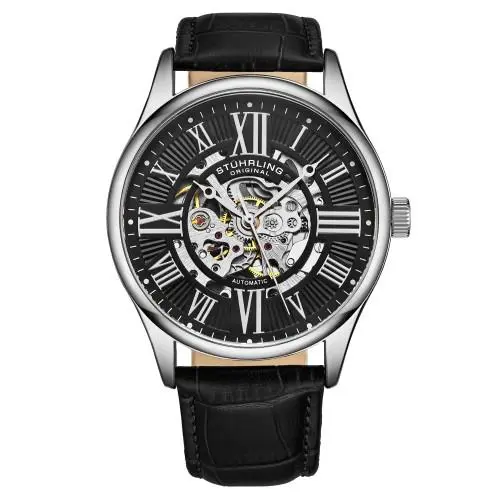 Stuhrling 3942 2 Automatic Skeleton Black Leather Strap Mens Watch