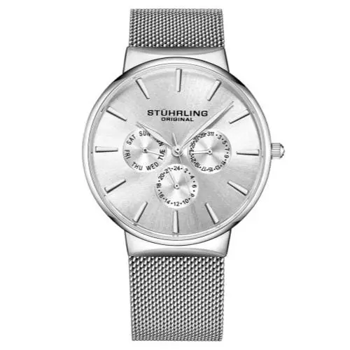 Stuhrling 3931 1 Monaco Day Date Multi Function Mesh Bracelet Mens Watch - Dial: Silver, Band: Silver