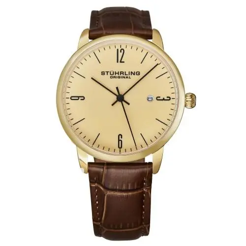 Stuhrling 3997A 8 Quartz Date Brown Embossed Leather Strap Mens Watch