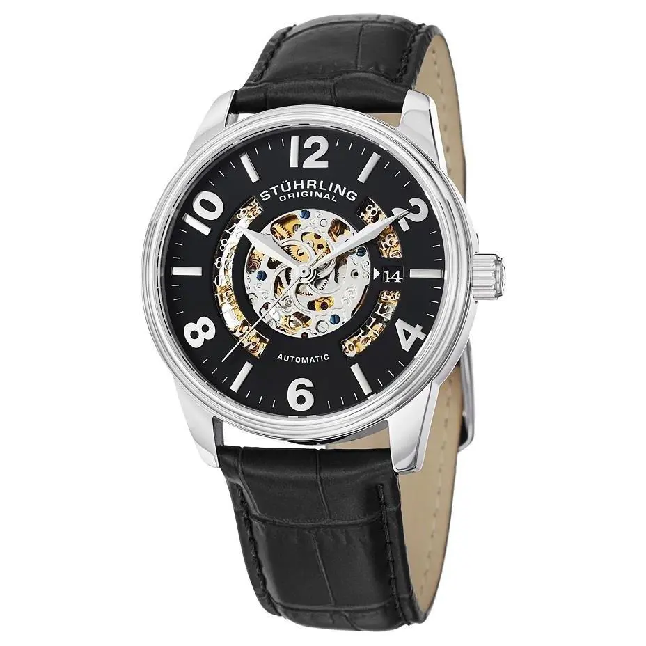 Stuhrling 649 01 Legacy Automatic Skeleton Date Black Leather Strap Mens Watch