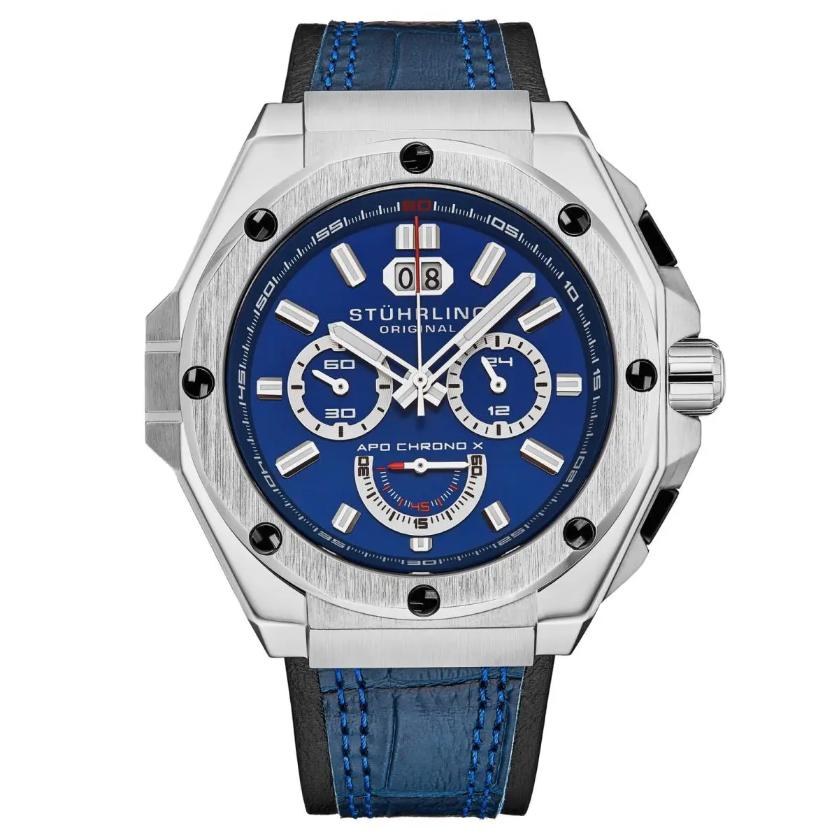 Stuhrling 1018 02 Apo Chrono X Monaco Date Blue Leather Strap Mens Watch