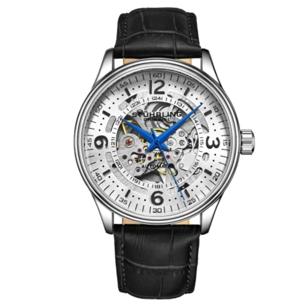 Stuhrling 3947 1 Automatic Skeleton Black Leather Strap Mens Watch