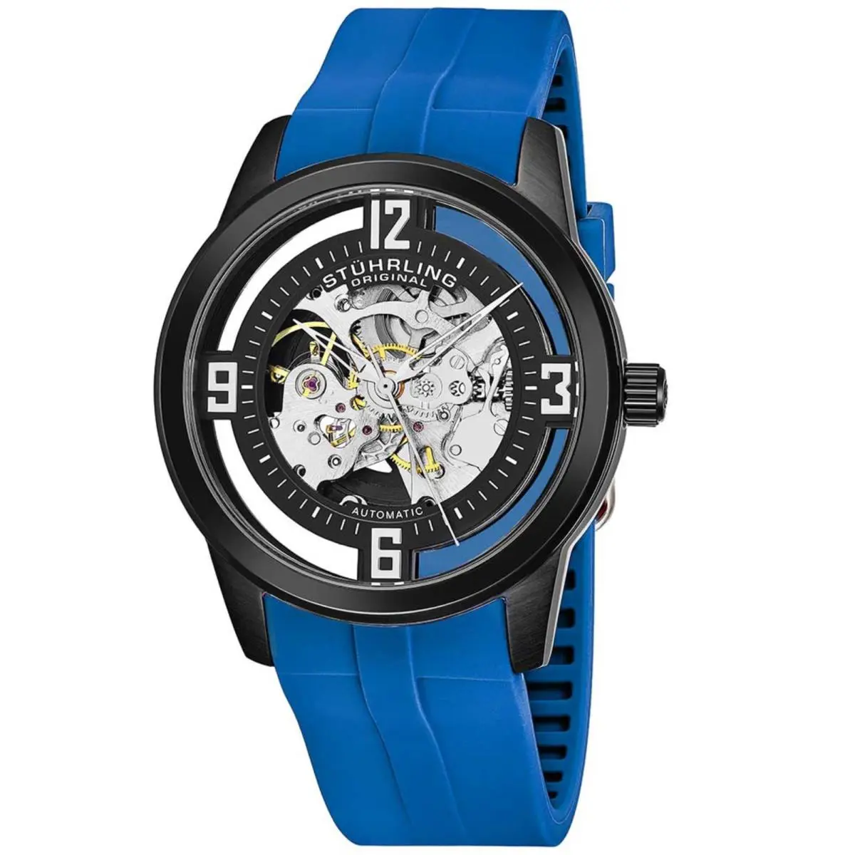 Stuhrling 877C 05 Winchester Automatic Skeleton Blue Rubber Strap Mens - Dial: Clear, Band: Blue, Bezel: Black