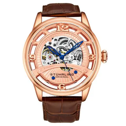 Stuhrling 3974 3 Legacy Automatic Skeleton Brown Leather Strap Mens Watch - Dial: Rose Gold, Band: Brown