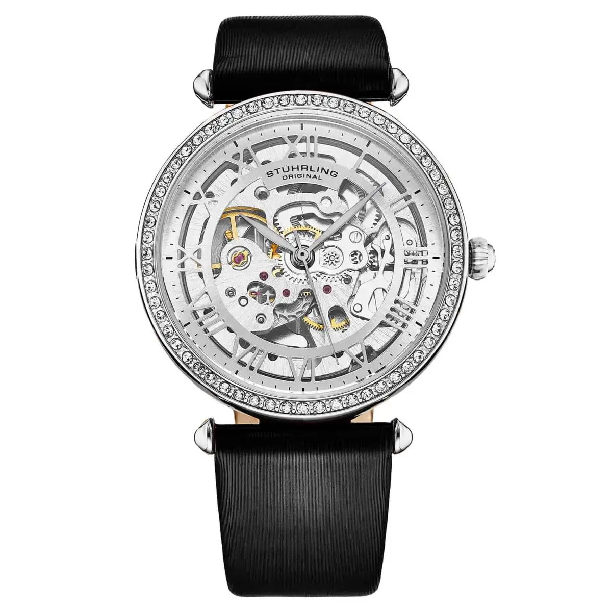 Stuhrling 4022 1 Automatic Skeleton Crystal Accents Black Leather Womens Watch - Dial: Silver, Band: Black, Bezel: Silver
