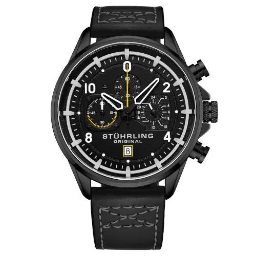 Stuhrling 929 05 Chronograph Date Quartz Black Leather Strap Mens Watch
