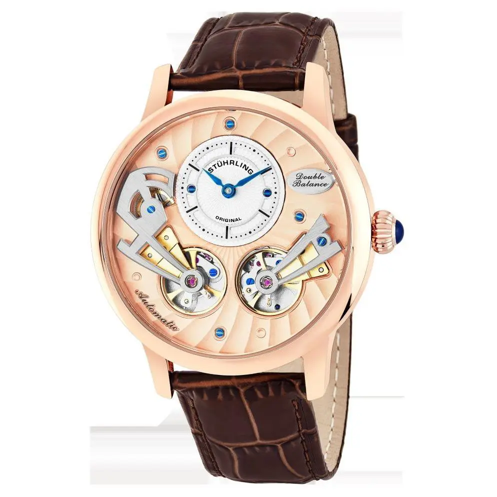Stuhrling 740 03 Sagittarian Automatic Open Heart Brown Leather Strap Mens Watch