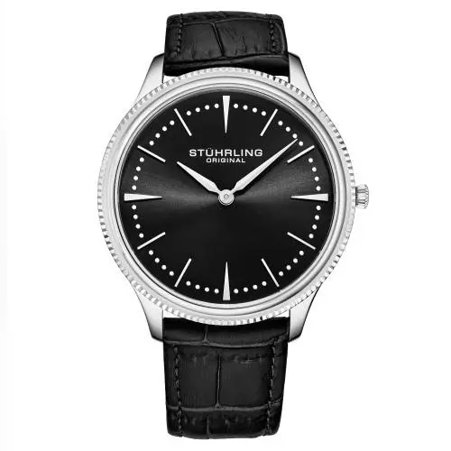 Stuhrling 3984 3 Symphony Classic Black Leather Strap Mens Watch - Dial: Black, Band: Black