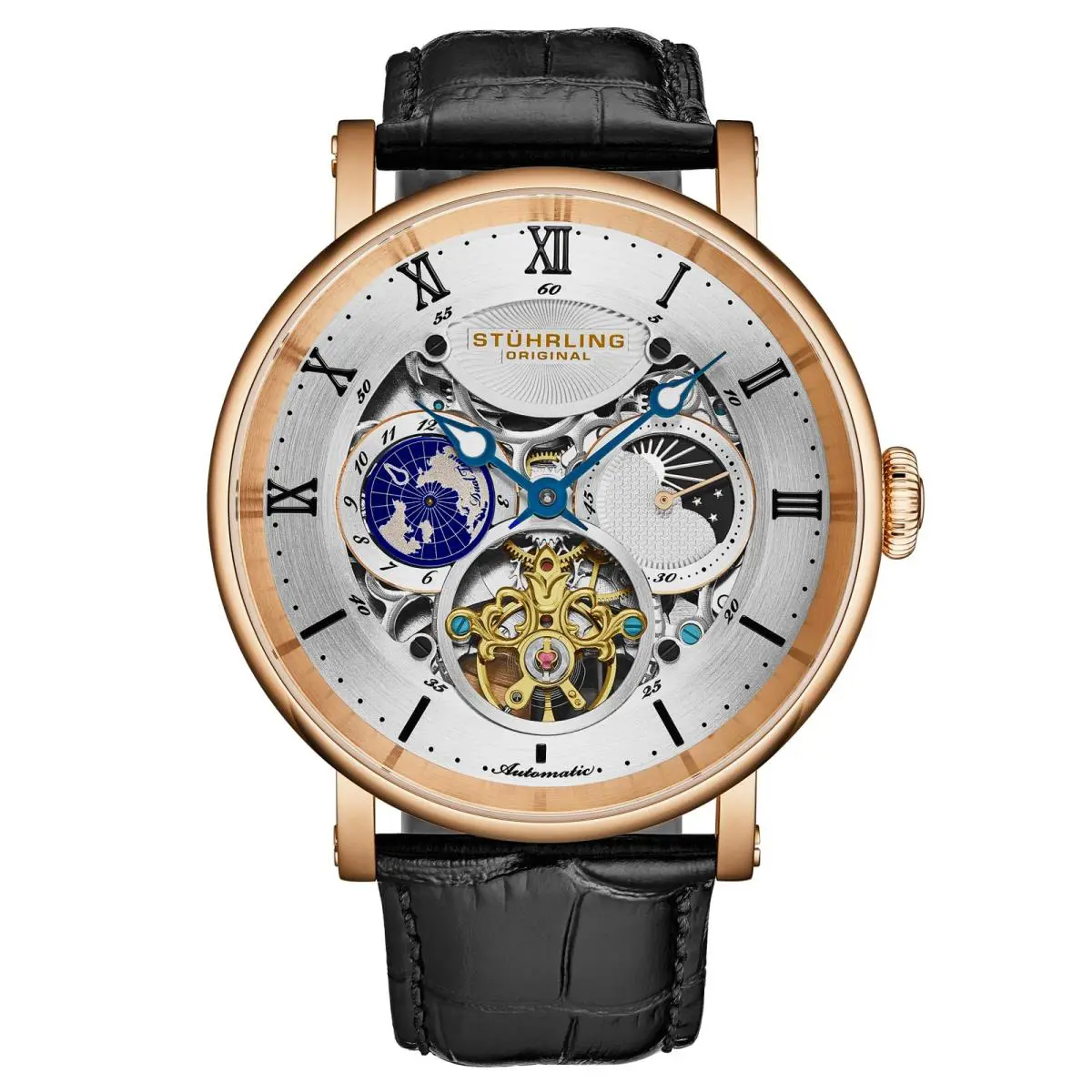 Stuhrling 1015 04 Automatic Skeleton Black Leather Strap Mens Watch