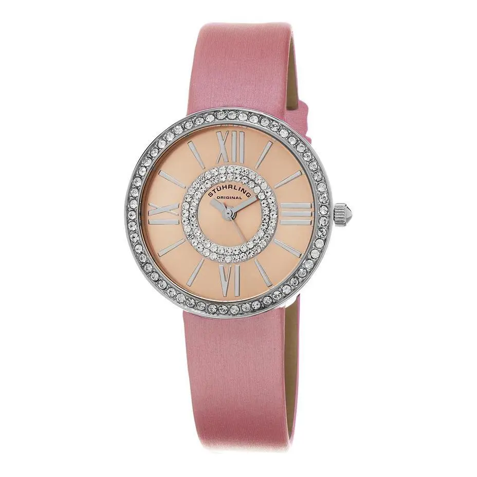 Stuhrling 566.03 566 03 Vogue Quartz Pink Leather Strap Crystals Womens Watch - Pink, Quartz