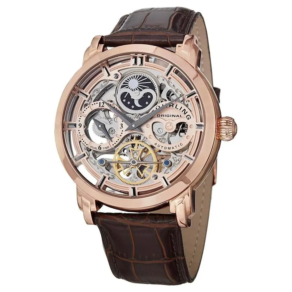 Stuhrling 371 03 Automatic Skeleton Dual Time Am/pm Indicator Leather Mens Watch
