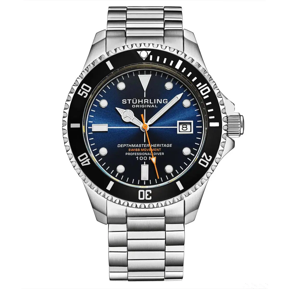 Stuhrling 4058 2 Depthmaster Heritage Diver Date Blue Dial Date Mens Watch by Stührling