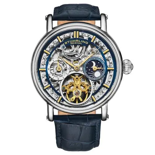 Stuhrling 4000 3 Legacy Automatic Dual Time Skeleton Am/pm Leather Mens Watch by Stührling
