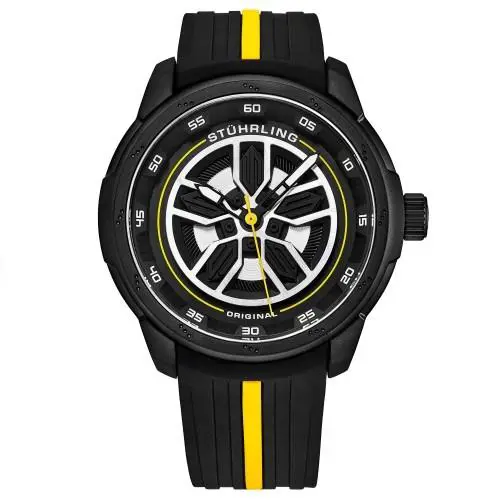 Stuhrling 984 02 Aviator Quartz Black Yellow Silicone Strap Mens Watch