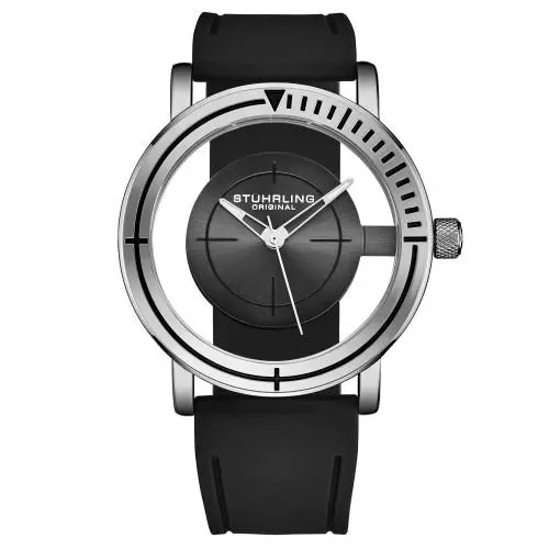 Stuhrling 3915 2 Aviator Quartz Semi Transparent Dial Black Rubber Mens Watch