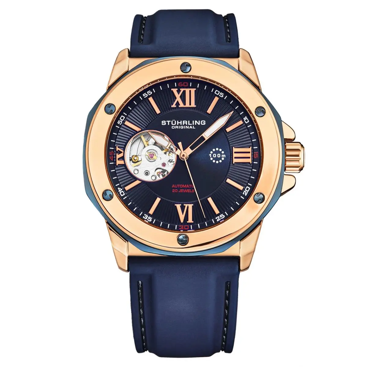 Stuhrling 4018 3 Edwardian Automatic Skeleton Blue Rose Silicone Mens Watch by Stührling